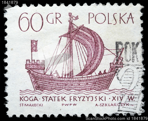 Image of Stamp printed in Poland shows a vintage ship