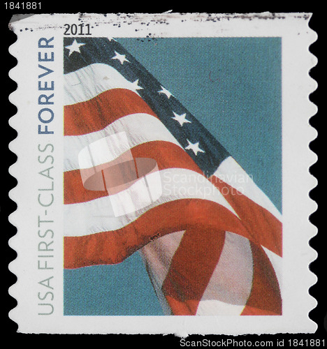 Image of Stamp printed in USA, Flag, "usa first -class forever"