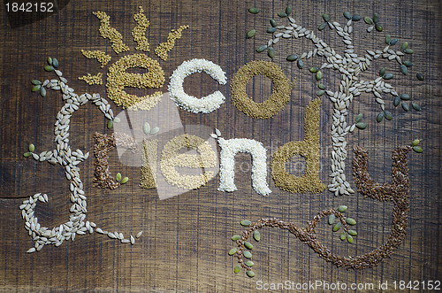 Image of The phrase 'Eco Friendly', written and decorated in seeds