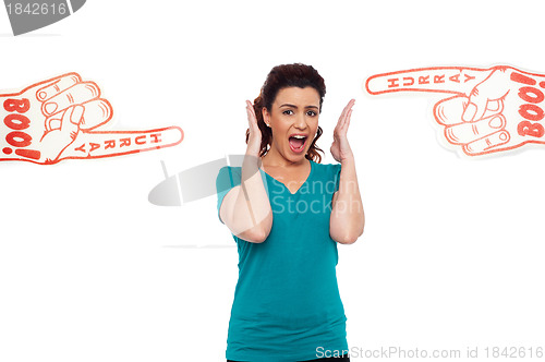 Image of Woman shouting loud, stuck in between