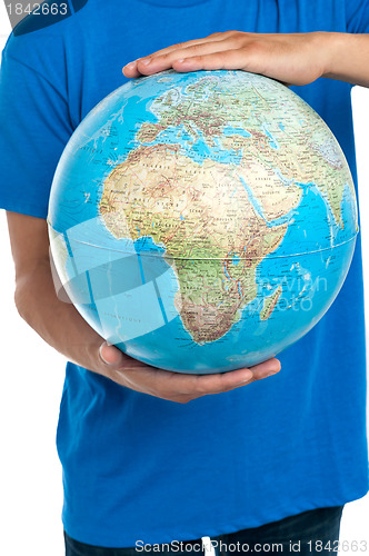 Image of Guy holding globe, closeup shot