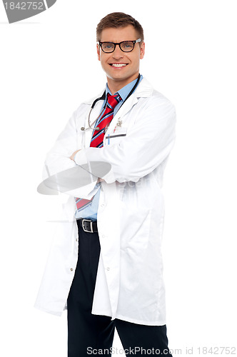 Image of Cheerful young physician wearing eyeglasses