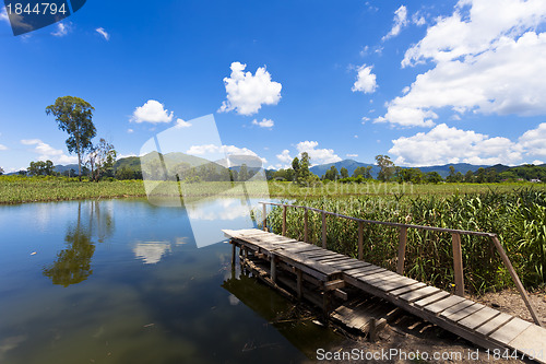 Image of Wetland pond at blue sky in Hong Kong
