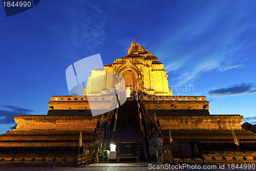 Image of Wat Chedi Luang temple at sunset, Chiang Mai, Thailand.