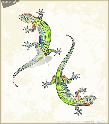 Image of Illustration lizard. Greeting card with two gecko.  Animal – lizard, gecko, vector.