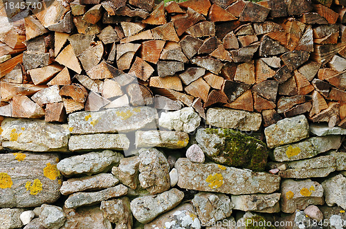 Image of woodpile on stone wall