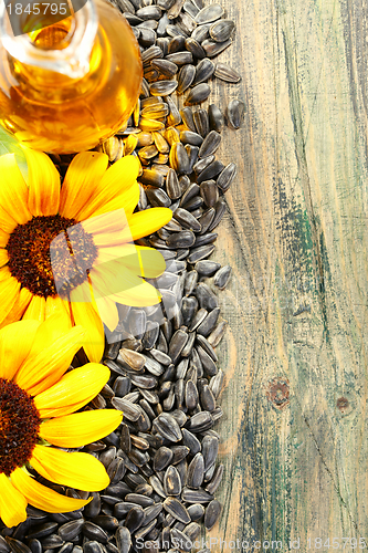 Image of Seeds, sunflower oil and flowers