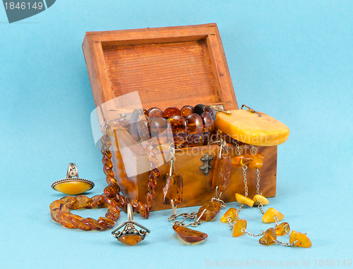 Image of Amber apparel jewelry retro wooden box on blue 