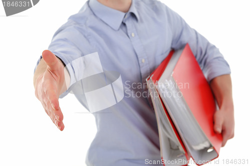 Image of Young man welcome in office