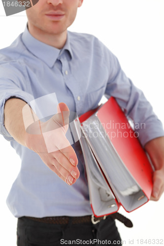 Image of Young man in office welcome with hand