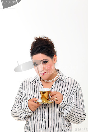 Image of Pretty plus size woman with coffee