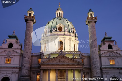 Image of Karlskirche (St. Charles Cathedral) at dusk in Vienna, Austria