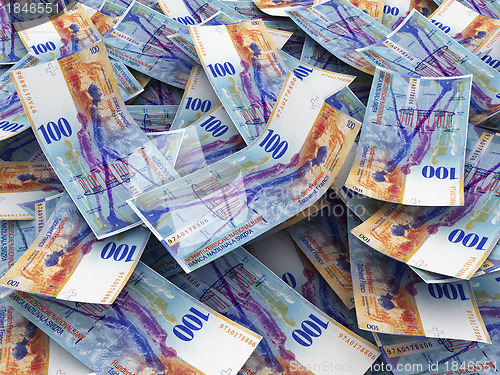 Image of Swiss Currency Bank Notes (Swiss Francs). Pile of 100 CHF