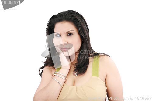 Image of Brunette woman with toothache, isolated on white 