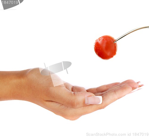 Image of cherry tomatoes on a fork