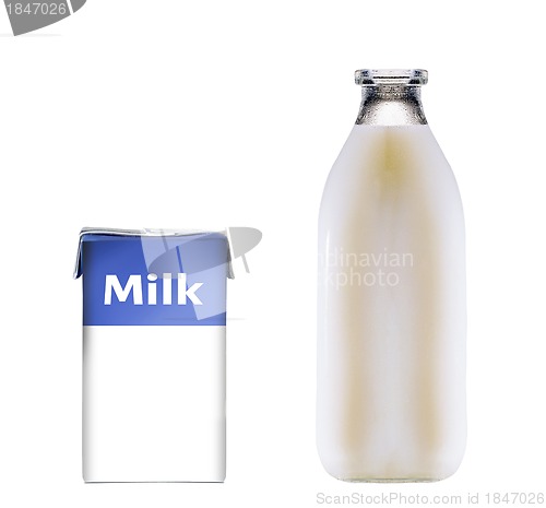 Image of bottle of milk and carton with milk