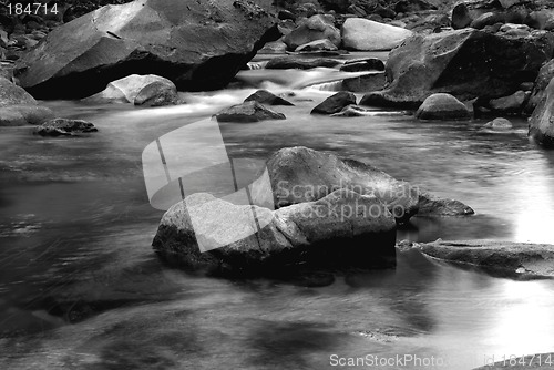 Image of Black and white image of small rapids in Merced River in Califor