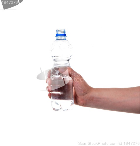 Image of Hand with water bottle isolated on white background