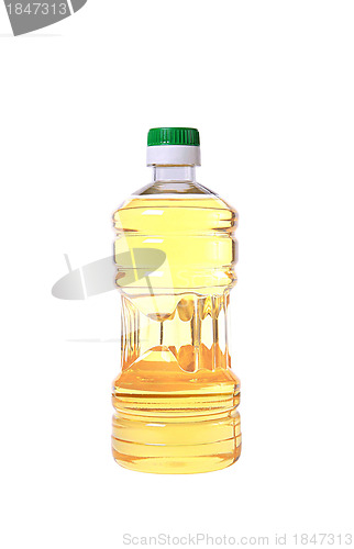 Image of Yellow sunflower oil in a plastic bottle