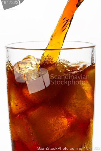 Image of Cola is pouring into glass on white background