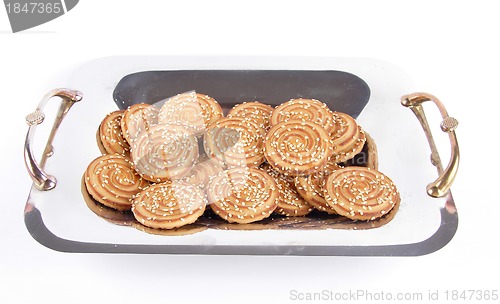 Image of Chip Cookies On Baking Sheet Isolated Over White Background