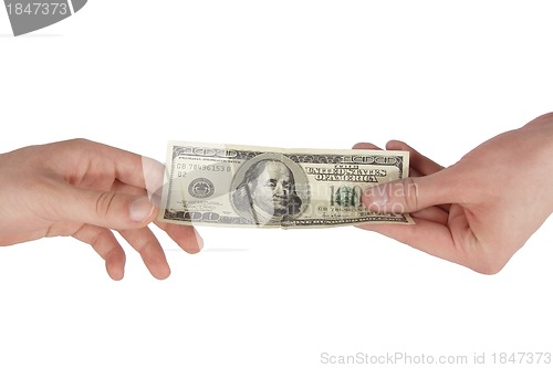 Image of Hand giving money to other hand isolated