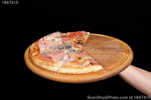 Image of Pizza and slice of pizza in hand