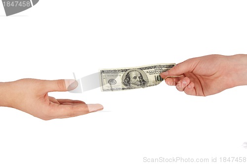 Image of Hand giving money to other hand isolated