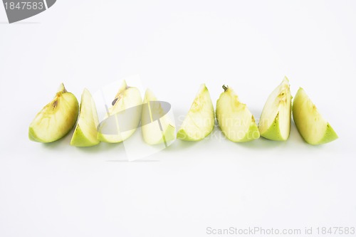 Image of Set of green apple fruits with leaf isolated