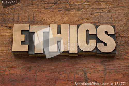 Image of ethics word in wood type