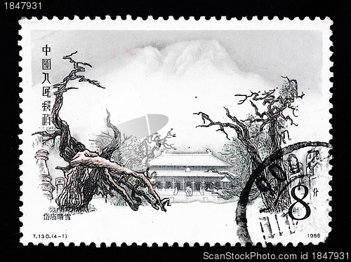 Image of A stamp printed in China shows the ancient temple of Daimiao