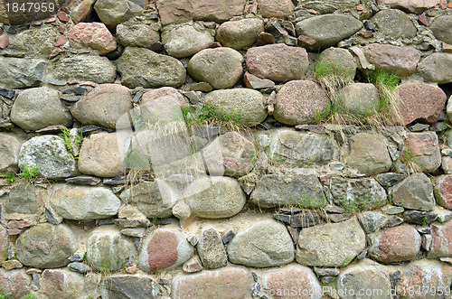 Image of Backdrop of retro castle stone wall and grass grow 