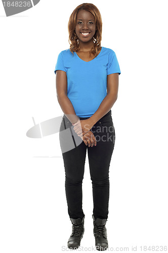 Image of Young african girl posing in casuals and wearing boots