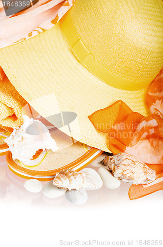 Image of beach set hat and slippers, isolated on white 