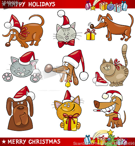 Image of Cartoon Set of Christmas Cats and Dogs