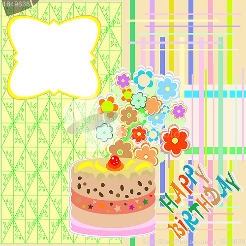 Image of happy birthday greeting card with flower and cupcake vector