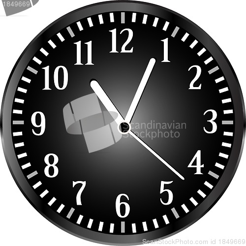Image of silver wall clock with black face. vector
