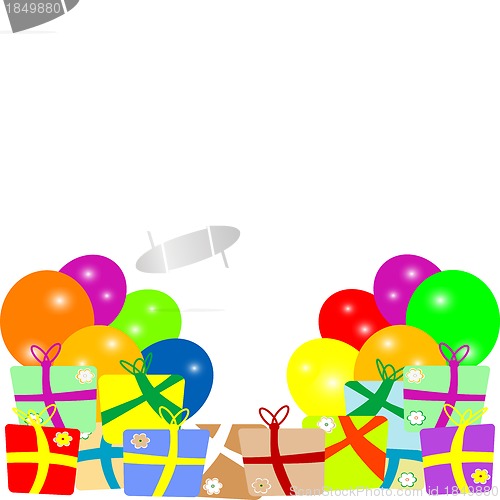 Image of Card to birthday with balloons and gifts. vector