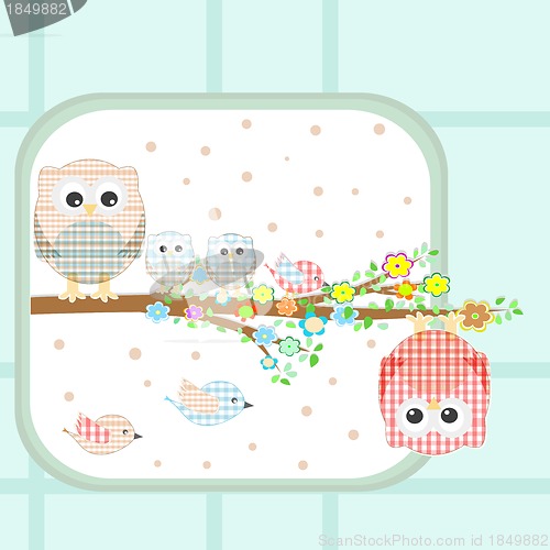 Image of floral background - couple of owls and birds sitting on branch