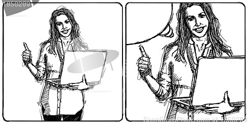 Image of Sketch female with laptop shows well done