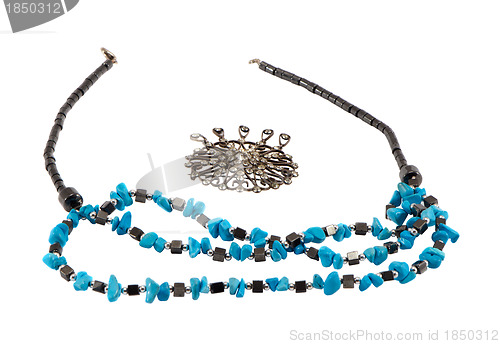 Image of Handmade bead stone necklace and brooch isolated 