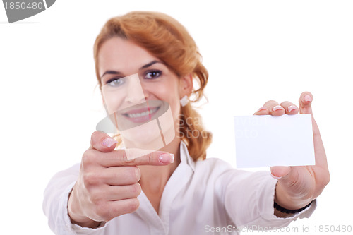 Image of businesswoman pointing to a card