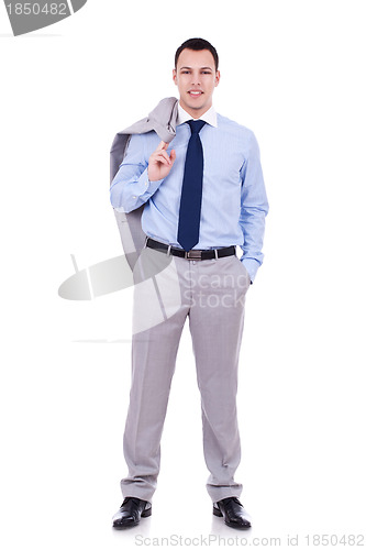 Image of business man holding coat on shoulders