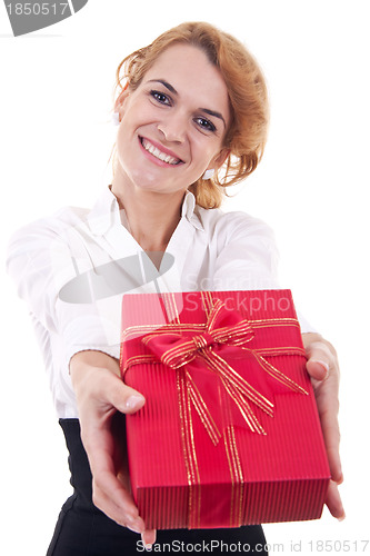 Image of young woman offering a present