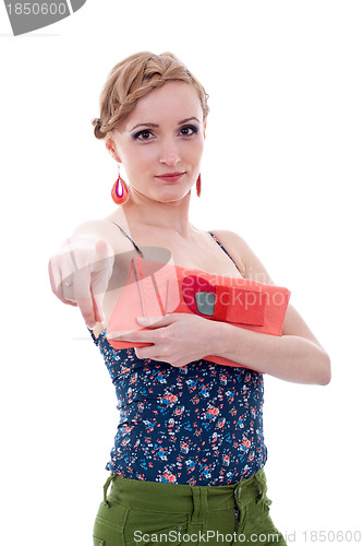 Image of Model holding bag and pointing