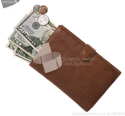 Image of Brown leather purse with dollars