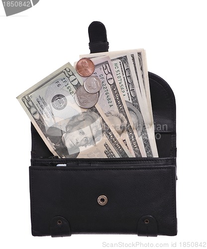 Image of Black leather purse with dollars