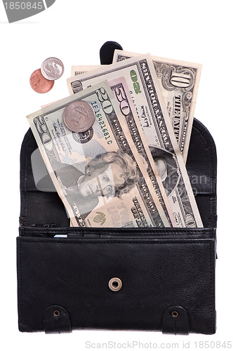 Image of Black leather purse with dollars