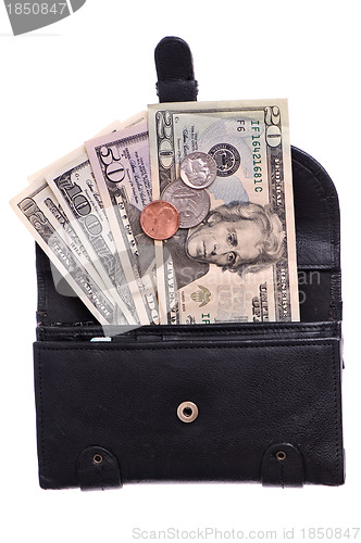 Image of Black leather purse with dollars