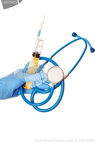 Image of blue stethoscope and yellow syringe